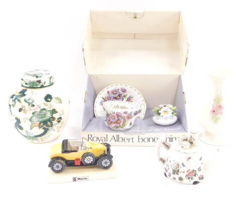 A Masons ironstone ginger jar and cover, decorated in the Green Chartreuse pattern, Portmeirion novelty Botanic Garden teapot, Belleek porcelain vase, Carlton ware model of a vintage Morris motor car, and a Royal Albert bone china Flower of The Month box 