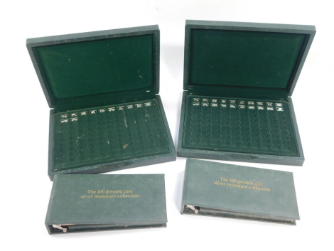 Two John Pinches Ltd One Hundred Greatest Cars silver miniature collection, incomplete, containing twenty ingots and twelve ingots respectively, cased with booklets.