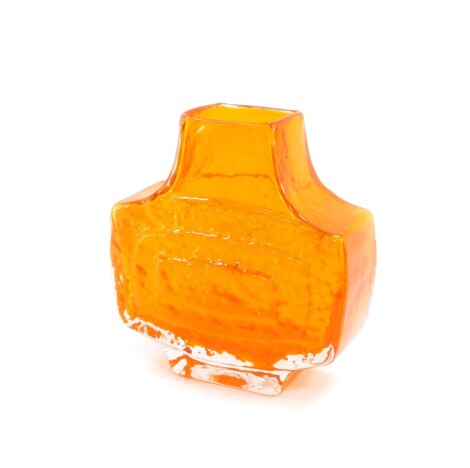 A Whitefriars tangerine glass TV vase, mid century, designed by Geoffrey Baxter, 17.5cm high.