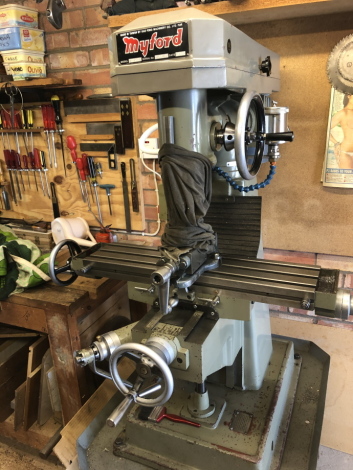 A Myford vertical milling machine, model KF-VM-C, serial no 76949, dated 1983, single phase, together with associated tooling and work bench. Viewing: On site near to Holbeach, South Lincolnshire by Appointment Only on Tuesday 4th May with 30 minute slots