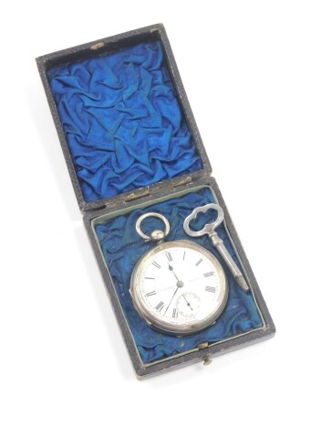 A Victorian gentleman's silver cased pocket watch, open faced, key wind, circular enamel dial bearing Roman numerals, subsidiary seconds dial, movement by J B Yabsley, 72 Ludgate Hill, London., the case with engine turned decoration, shield reserve, with 