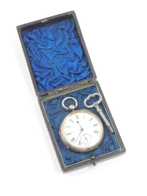 A Victorian gentleman's silver cased pocket watch, open faced, key wind, circular enamel dial bearing Roman numerals, subsidiary seconds dial, movement by J B Yabsley, 72 Ludgate Hill, London., the case with engine turned decoration, shield reserve, with