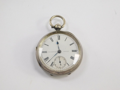 A Victorian gentleman's silver cased pocket watch, open faced, key wind, circular enamel dial bearing Roman numerals, subsidiary seconds dial, movement by J B Yabsley, 72 Ludgate Hill, London., the case with engine turned decoration, shield reserve, with - 2