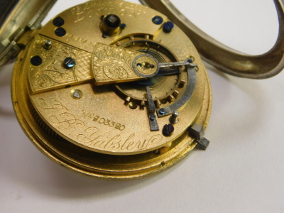 A Victorian gentleman's silver cased pocket watch, open faced, key wind, circular enamel dial bearing Roman numerals, subsidiary seconds dial, movement by J B Yabsley, 72 Ludgate Hill, London., the case with engine turned decoration, shield reserve, with - 5