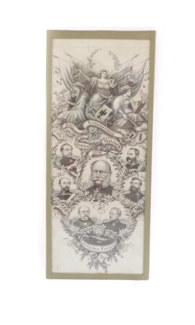 A 19thC German memorial silk work, by J Chevre and G Amberger, in memory of the German Heroes 1870, to include the Kaiser Wilhelm I, von Bismark and von Moltke, glazed and frame, 30cm x 14cm.