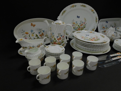 An Aynsley porcelain part dinner and coffee service decorated in the Cottage Garden pattern, comprising; oval meat platter, oval and rectangular serving dishes, gravy boat on stand, salt and pepper, eight dinner plates, fruit bowls and side plates, bread - 3