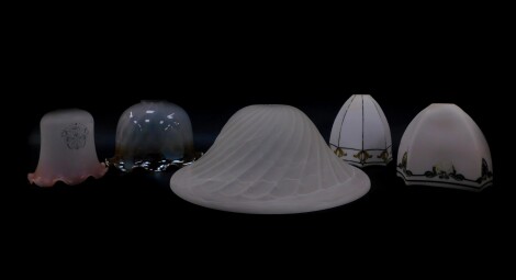 A mid century faux alabaster moulded glass ceiling shade, 35cm diameter, and four single glass shades, variously decorated. (5)