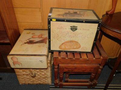 Two painted boxes, a rush covered chest and a nest of Mango wood tables. (4)