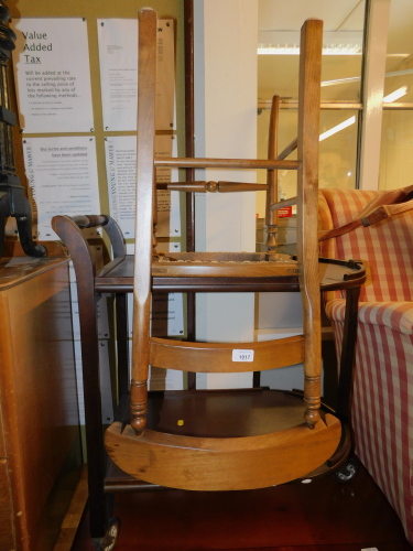 A Victorian cane seated bedroom chair, together with an oak veneered tea trolley, 76cm high, 68cm wide, 41cm deep. (2)