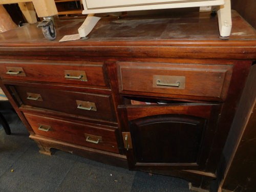 A Victorian walnut sideboard, with single door, four drawers, raised on bracket feet, 97cm high, 139cm wide, 50cm deep. (AF)