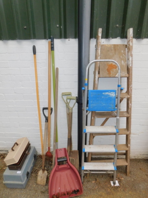 Garden tools, fishing boxes, step ladders, etc. (a quantity)