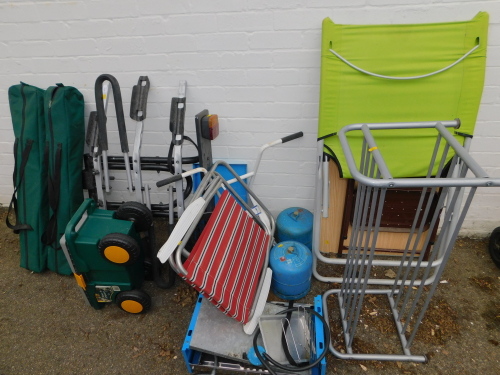 A bicycle rack, Move n Groove garden box, gas heaters, shoe rack, folding chairs, folding table, etc. (a quantity)