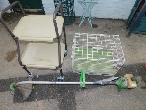 A Lawnboy petrol strimmer, pet cage, and a mobility walker. (3)