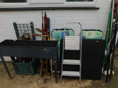 A freestanding planter trough, garden tools, fishing rods, step ladder, folding chairs, etc. (a quantity)