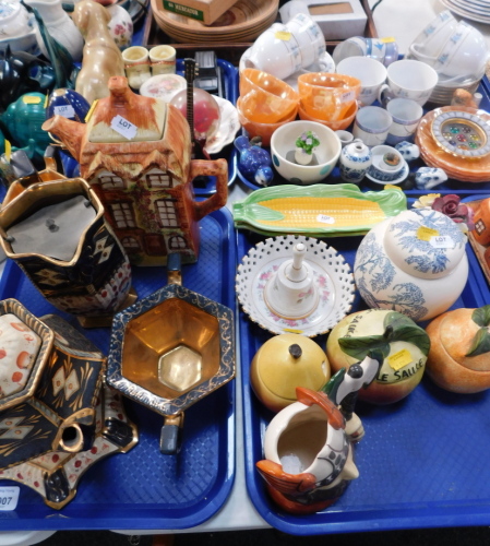 Decorative china and effects, to include tea wares, lidded ginger jar, cottage ware, amber coloured glass cups, guitar ornament, etc., (4 trays).