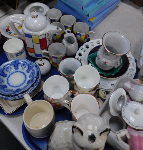 Decorative china and effects, to include geometric part coffee service, including coffee pot, 23cm high, continental transfer printed decorative wares, decorative cups, leaf dish, etc., (2 trays).