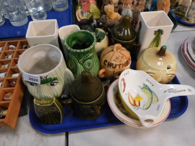 Storage jars, to include celery face jar, 16cm high, others for apple sauce, etc., Noddy Child's One Pint Please dish, Bunnykins, transfer printed dinner ware, (1 tray and other).