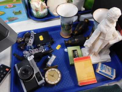 An Olympus Trip 35 camera, a pair of Burleigh Ware vases, resin figure of Mozart, a Swiss alarm clock, playing cards, etc. (1 tray)