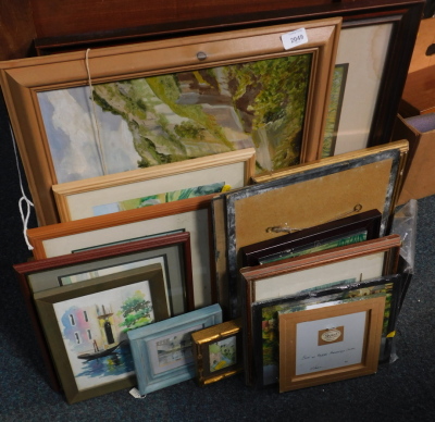 Various decorative pictures, prints, frames, watercolours, pine frame, 20cm x 67cm, etc., (a quantity).