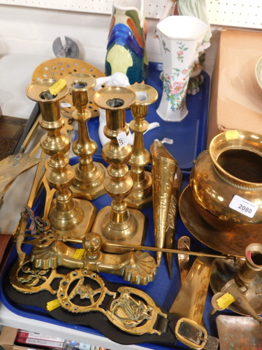 Continental china, martingales, pair of candlesticks, 30cm high, another pair, continental figure, Aynsley Pembroke pattern vase, Kaiser figure of a seated lady, stamped Bochmann., shooting stick, etc., (a quantity).