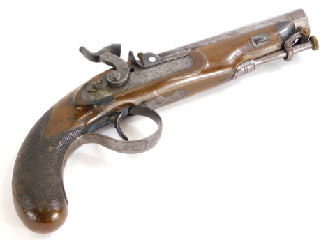 A 19thC percussion pistol by William Pether of Oxford, the octagonal barrel engraved Oxford, with a walnut stock etc., 25.5cm long.