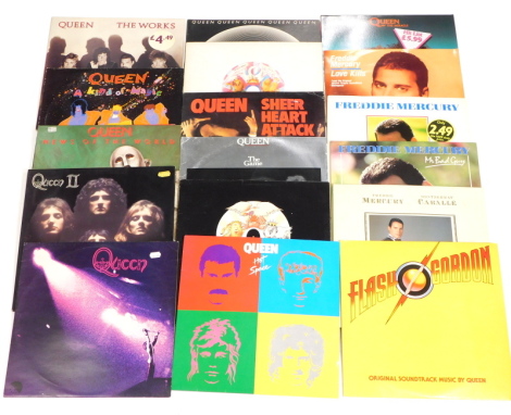 A collection of Queen and Freddie Mercury albums and singles, to include Love Kills, I Was Born to Love You, A Kind of Magic, News of the World, Queen, Queen II, Mr Bad Guy, The Works, Barcelona, Hot Space, A Day at the Races, A Night at the Opera, Flash 