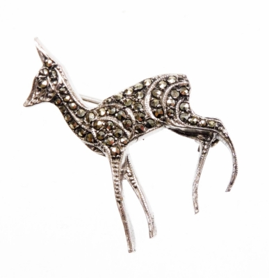 A marcasite deer brooch, set with various marcasite on a white metal back, with single pin, marked sterling silver, 2.5cm wide, 6.7g all in.