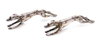 A pair of early 20thC novelty silver plated greyhound knife rests, of outstretched running form, 9cm long, marked beneath. (2)