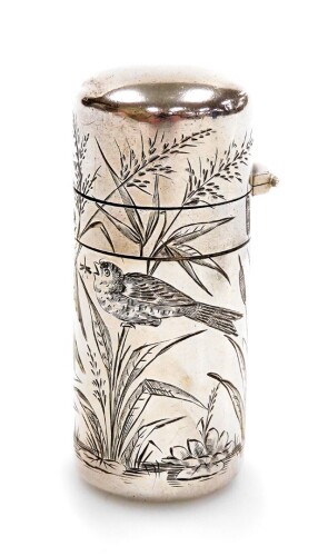 A Victorian silver perfume bottle, by Sampson Mordan & Co, engraved with flowers and reeds, London 1881, lacking stopper, 5cm.