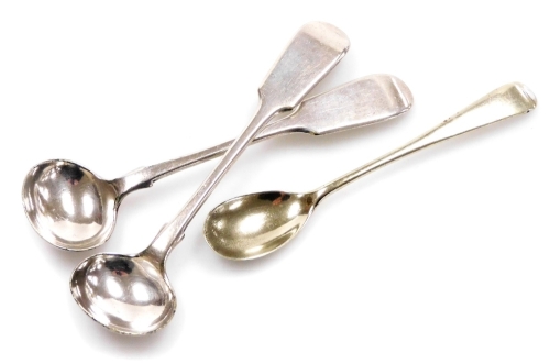 A pair of silver plated Fiddle pattern preserve spoons, and another. (3)