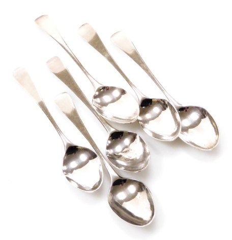 A set of six George III Old English pattern silver teaspoons, various marks some rubbed, 1.7oz. (6)