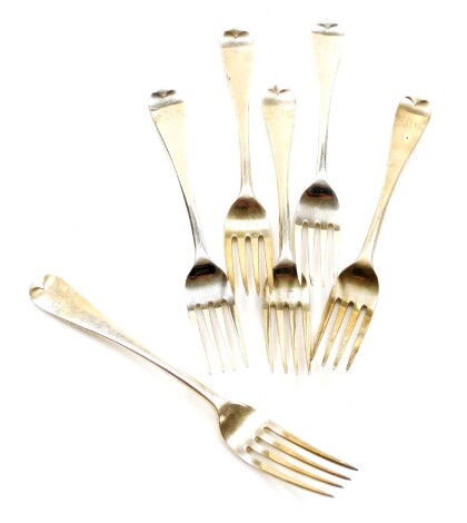 A set of six Victorian Old English pattern silver table forks, London 1896,10oz.