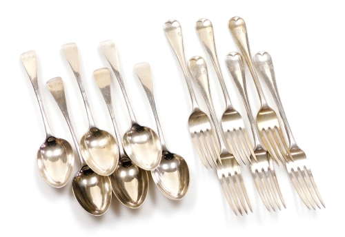 A set of six Victorian silver table forks and six dessert spoons, Old English pattern, initialled, London 1896, 24oz. (12)