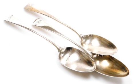 A set of three George III Old English pattern silver table spoons, initialled, London, 4.5oz. (3)