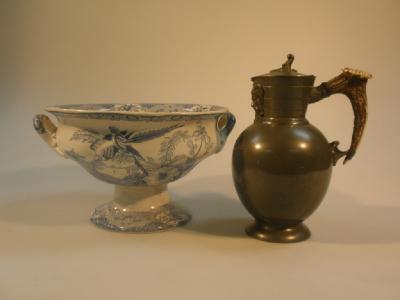 A Victorian transfer printed pedestal bowl and a horn handled Brittania metal flagon