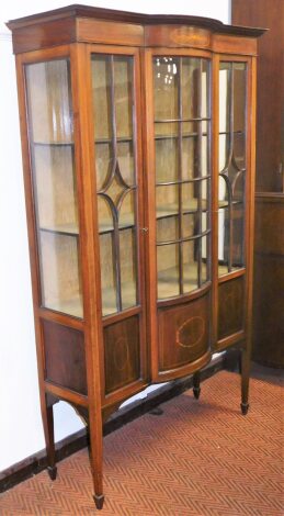 An Edwardian mahogany and boxwood strung serpentine display cabinet, the fixed cornice set with a floral inlay raised above a shaped glazed door, flanked by astragal glazed panels revealing shaped shelves, with further panels beneath decorated with bell f