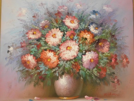 M. Chilton. Vase with flowers, oil on canvas, signed, 49cm x 58cm, in gilt frame.