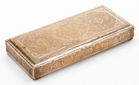 An Eastern style silver plated cigarette box, the top heavily embossed with floral decoration, scroll and birds, on shaped feet, unmarked, 2.5cm high, 18cm wide, 7.5cm deep.