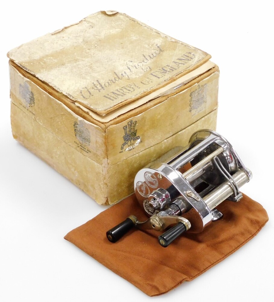 A Hardy Elarex chrome finished multiplier fishing reel, in presentation box.