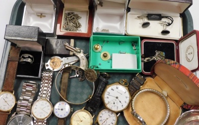 A group of costume jewellery and effects, to include wristwatches, rolled gold bangle, silver necklaces, dress rings. etc. (1 tray) - 4