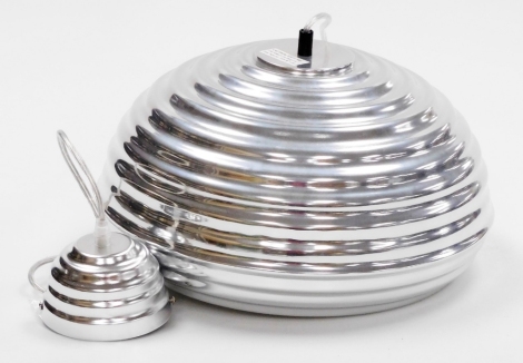 After Castighioni Brothers. A Splugen Brau pendant light, in the contemporary Art Deco style, in hanging beehive shape, in aluminium chrome finish, 20cm x 34cm diameter.