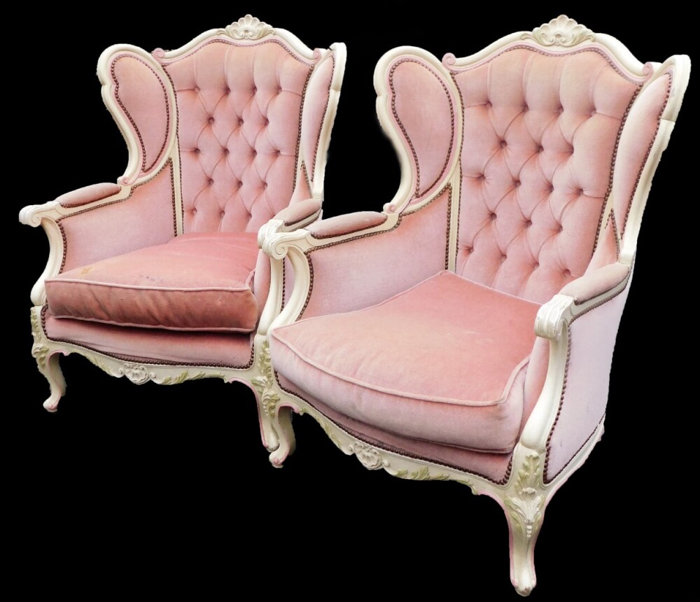 A pair of French style bedroom chairs, each with cream painted frames