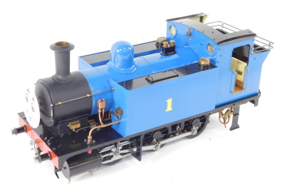 A scratch built 3 1/2 gauge Thomas The Tank Engine, 0-6-0ST, blue livery, No 1, Isle of Sodor Railway, with bespoke carry case, 23cm high, 55cm wide, 18cm deep.