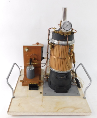 A scratch built steam vertical boiler, 80psi, model no 120964, on a bespoke base with carrying handles, 67cm high.