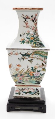 A large Chinese porcelain vase, the square border with red and blue painted design, on a turquoise design, with applied decoration of birds, flowers and leaves, on a stepped base, with blue Chinese character mark to underside, on a ebonised base with blue - 4