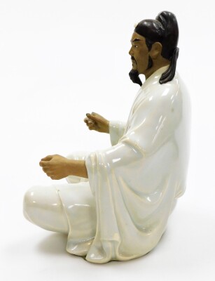 A Chinese terracotta and white glazed "mudman" figure of a scholar seated at table, the gentleman AF, 27cm high, with a painted table with applied inkstone, brush rest and various papers, 9cm high, 27cm wide. - 3