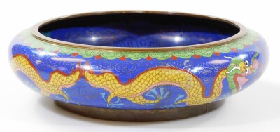 An early 20thC Chinese cloisonne bowl, of circular form, decorated with front facing dragon in yellow, green and red on a blue ground, the reverse with four character Ming mark, 26cm diameter. - 4