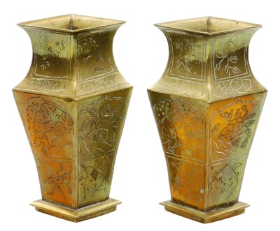 A pair of 20thC Chinese bronze vases, each of shouldered diamond form, etched with panels of flowering shrubs, each marked Made in China, 22cm high. (2)