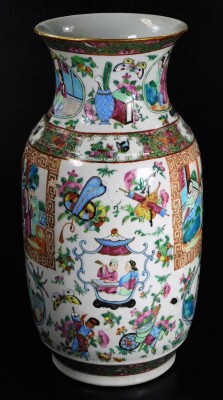 A 19thC Cantonese famille rose vase, with compressed trumpet neck and shouldered circular body, decorated with panels of figures in interior and exterior settings, among further figures, butterflies and flowers, predominately in pink, green and blue, 36cm - 4