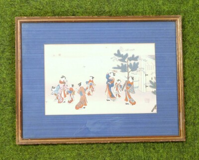 A Japanese woodblock print, depicting women in kimono playing shuttledore among companions and children, red seal to lower right, mounted in gilt frame, 18cm x 29cm. - 2